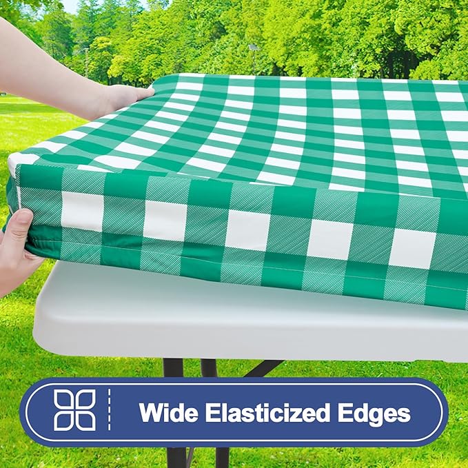 Smiry Picnic Table Cover with Bench Covers, Waterproof Elastic Fitted Tablecloths for 6 Foot Rectangle Tables, Washable Buffalo Plaid Tablecloth for Camping, Outdoor (Green & White, 30"x72")