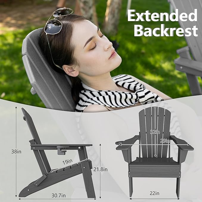 Folding Adirondack Chair, SGS Tested, Wooden Textured with Cup Holder, Heavy All-Weather HDPE Comfortable Set Poolside Backyard Lawn Grey