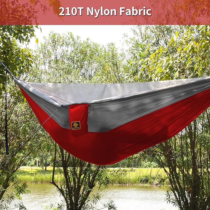 Camping Hammock, Portable Hammocks with Mosquito Net,Lightweight Nylon Parachute Hammock with 10ft Tree Straps,Camping Gear Must Haves for Travel Hiking Backpacking Beach Patio-Red&Grey