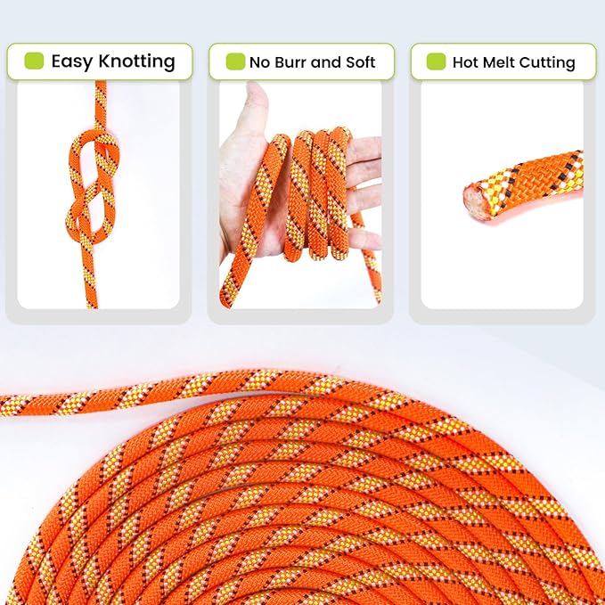 1/2in 50ft Double Braid Polyester Rope, 48 Strands, 5290lbs Breaking Strength, Orange Arborist Rigging Rope for Various Indoor Outdoor Use Hiking Camping Swing Sailing