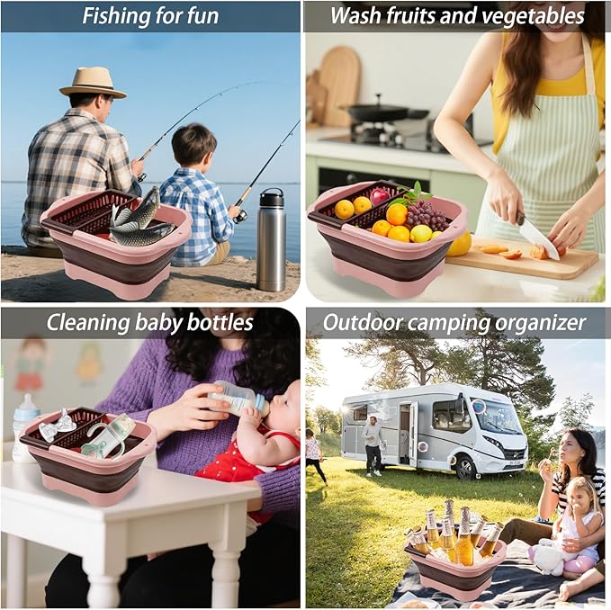 2.77 Gallon (10.5L) Collapsible Dish Basin with Drain Plug, Pink Camping Dish Basin for RV, Space-Saving Foldable Washing Bin, BPA-Free Portable Sink for Vegetables and Dishes - with Brush