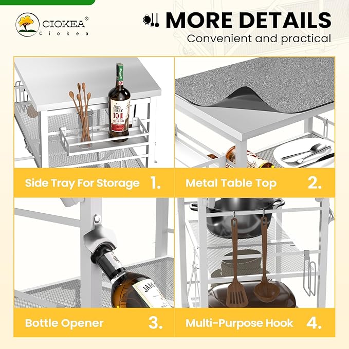 Folding Grill Cart, Metal Pizza Oven Stand Table with 2 Total Lock Casters,3 Shelf Foldable Kitchen Island Cart,Stainless Steel Outdoor Rolling Cart with Wheels for Home Party, Bar, Camping（White）