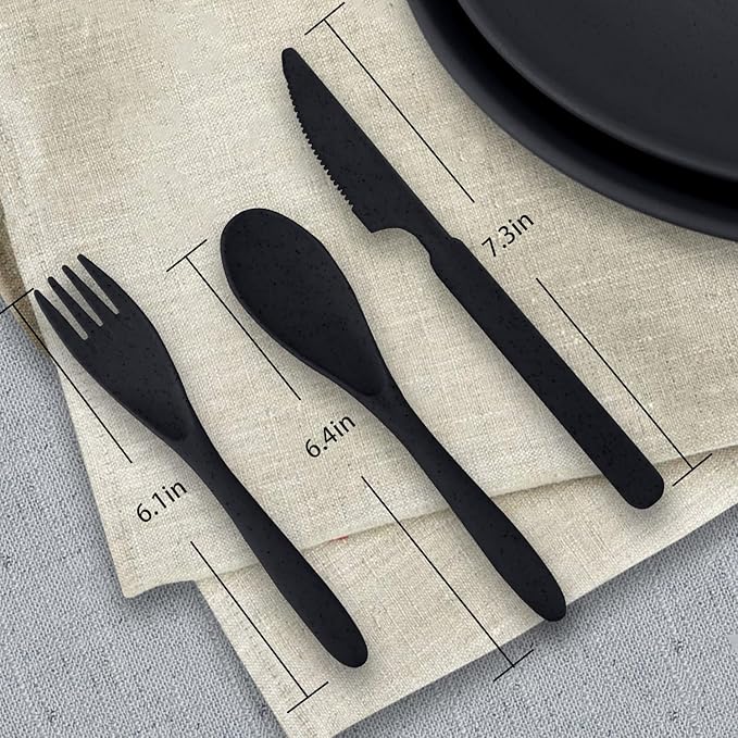 Wheat Straw Plate and Bowl sets with cups and cutlery set of 64- Unbreakable Dinnerware sets service for 8 - Microwave and Dishwasher safe dish sets for kitchen,camping.Black