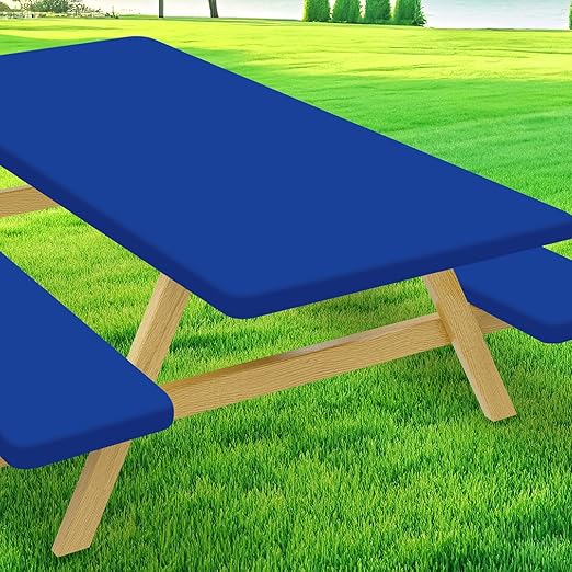 Picnic Table Cover with Bench Covers, Elastic Fitted Spandex Tablecloths for 6 Foot Rectangle Tables, Stretch Washable Patio Tablecloth for Outdoor, Camping (Blue, 30"x72")