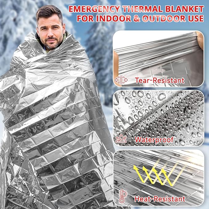SecuCaptain Survival Emergency Thermal Blankets: 30 Pack Extra Large 84” x63” Space Mylar Blanket Kit for Outdoor Cold Winter Camping Hiking Car Bug Out Bag or First Aid