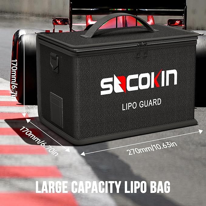 Lipo Battery Safe Bag Fireproof Explosionproof Bags Large Capacity Adjustable Safe Bag for Lipo Battery Charge Storage 10 Cell Adjustable Battery Safe Bag (10.6 * 6.7 * 6.7 in)