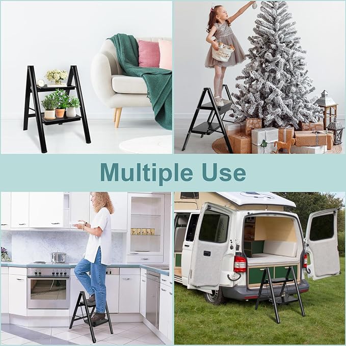 Upgraded 2 Step Ladder, 330 lbs Folding Aluminum Step Stool with Wide Anti-Slip Pedals, Lightweight & Portable Ladder for Kitchen, Closet, Office, Home Use - Black