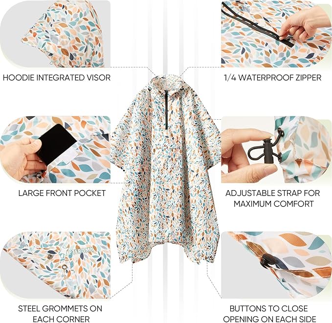 PTEROMY Hooded Rain Poncho for Adult with Pocket, Waterproof Lightweight Unisex Raincoat for Hiking Camping Emergency