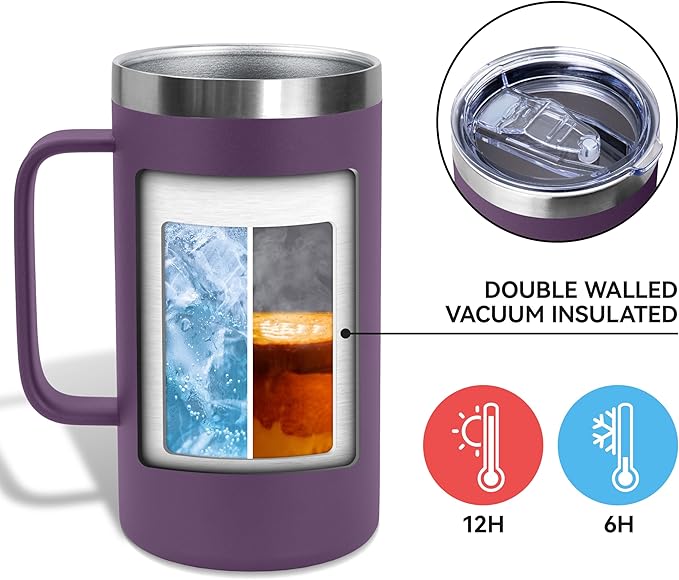 DOMICARE 24oz Mug with Handle and Lid, Stainless Steel Coffee Mug, Travel Mug with Handle, Double Wall Vacuum Coffee Tumbler, Reusable Insulated Cup, Dark Purple, Pack 8