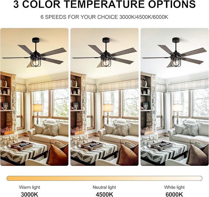 52-Inch Outdoor Waterproof Ceiling Fan with Light and Remote Control, Suitable for Use on Terraces and Porches. It Has a Timing Function (1/2/4/8H)(Walnut)