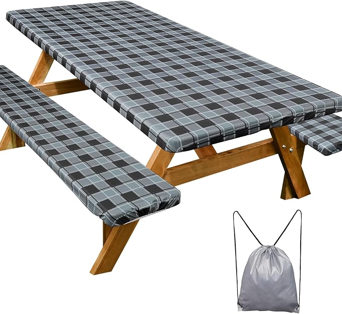 Picnic Table Cover with Bench Covers Camping Essentials Waterproof Windproof Camping Tablecloth with Drawstring Bag, Fitted Rectangle Tables and Seats, 72in, Small Gray Plaid