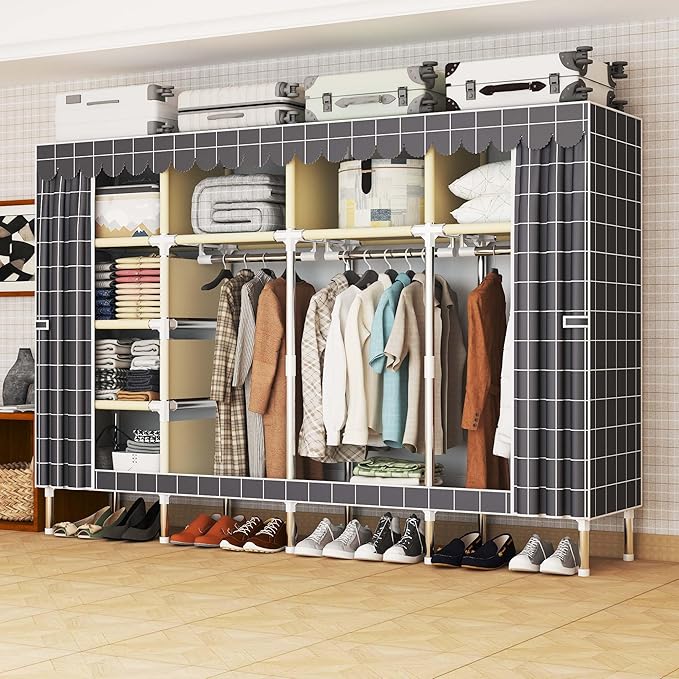 Portable Wardrobe Closet Durable and Easy to Assemble Heavy Duty Clothes Rack with Non-Woven Cover Fabric Best for Bedroom and Easy Storage and Organization (Grey-D)