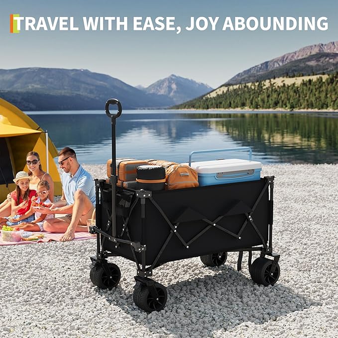 Heavy Duty Foldable Wagon for Beach, Extra Large Collapsible Foldable Wagon for Camping, All Terrain Beach Wagons Extended with Cup Holders for Sand