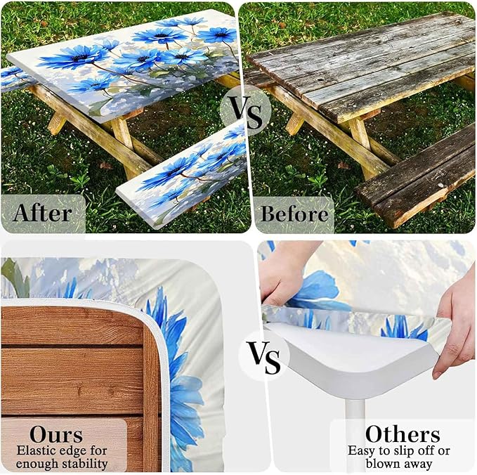 CAPSCEOLL Elastic Picnic Table Cover with Bench Covers 5Ft Waterproof Fitted Picnic Table Cover Cloths for Outdoors Camping Tablecloth with Drawstring Bag, 60X30in, Blue Flowers