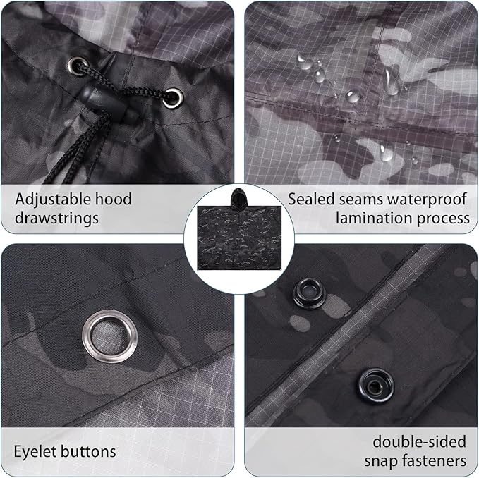 GRVCN Military Rain Poncho, Camouflage Raincoat Outdoor Waterproof Lightweight