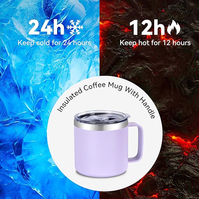 VEGOND 14 oz Insulated Coffee Mug with Handle, Stainless Steel Travel Coffee Mug with Lid, Double Wall Vacuum Metal Coffee Cup, Coffee Tumbler Powder Coated, Purple 1 Pack
