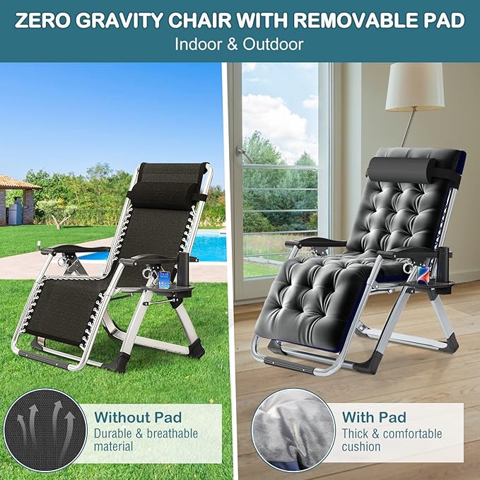 NAIZEA Padded Zero Gravity Chair, Folding Outdoor Lounge Chairs, Adjustable Reclining Camping Chairs with Cup Holder, Ergonomic Patio Lawn Chair for Balcony Beach Deck Yard