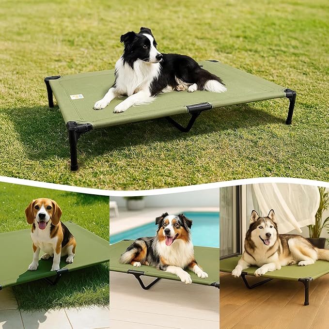 Canvas Elevated Dog Bed, Durable Chew Proof Outdoor Raised Pet Cot for Large Dogs, Waterproof, Breathable, Portable, Washable, Easy Assembly, Sturdy Frame for Camping & Travel, Green