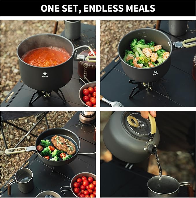 Alocs Portable Camping Cookware - Upgraded Handle, Non-Stick Camping Pan Set for Outdoor Kitchen, Picnic, Hiking and Fishing