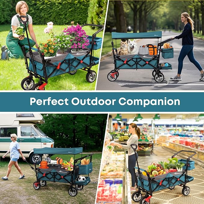 Collapsible Wagon with Canopy,330lbs Cart, Collapsible Foldable Garden Cart- with Adjustable Push Pulling Handles Outdoor Utility Wagon for Beach Garden Camping, Blue