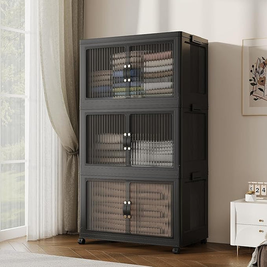 JONZEN 3-Pack 105Qt Black Modern Stackable Storage Bins with Lids, Closet Organizers for Home, Bedroom, Garage & Kitchen