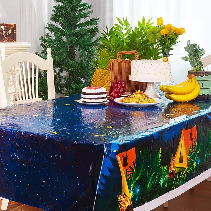 3 Pieces Camping Tablecloth Party Decorations Campfire Plastic Rectangular Table Cover Camp Birthday Party Supplies Picnic Hiking Adventure Supplies