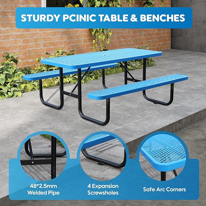 4FT Metal Picnic Tables for Outdoors, Commercial Rectangular Picnic Table and Bench Set for Outside, Patio, Garden, Backyard, Porch, Surface Mount, Blue