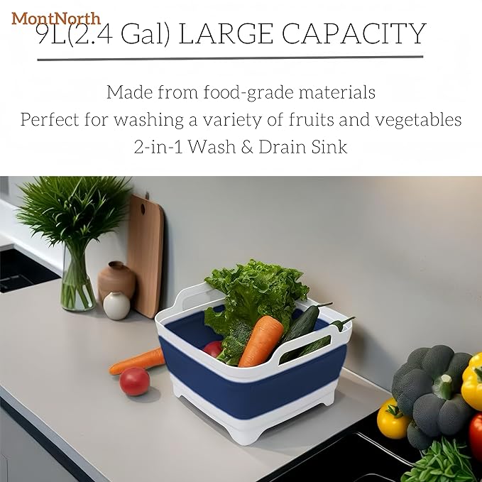 Collapsible Wash Basin 9L, Foldable Dish Tub with Drain Plug, Portable Collapsible Dish Basin, Camping Sink for Washing Dishes, Laundry & Kitchen Use (Navy Blue)