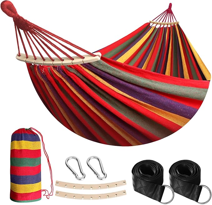 Anyoo Garden Cotton Hammock Comfortable Fabric Hammock with Spreader Bar Sturdy Hammocks Up to 450lbs Portable Lightweight Hammocks with Travel Bag for Camping Outdoor/Indoor Patio Backyard