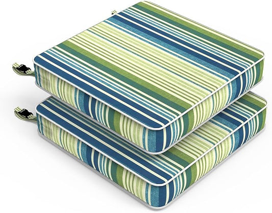 LVTXIII Patio Chair Cushions 22"x22"x3", Water-Repellent Outdoor Seat Cushions for Patio Furniture, Square Chair Pads with Ties for Home Garden Decoration, Set of 2, Stripe Blue Green