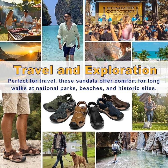 Men's Sport Sandals Closed Toe Leather Hiking Athletic Walking Outdoor Beach Trail River Fishing Water Shoes Lightweight Comfortable Waterproof