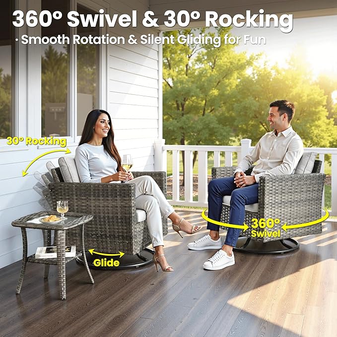 ovios 7 Pieces Patio Furniture Set with 42" Fire Pit Table, Outdoor Wicker Sofa with Swivel Chairs, All Weather High Back Rattan Couch Conversation Set, Grey