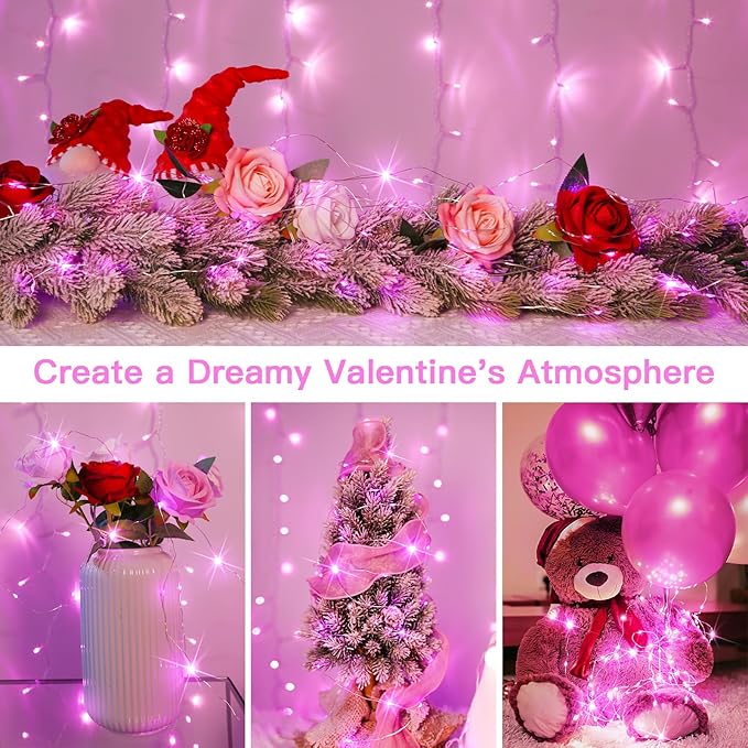 suddus Pink Fairy Lights Battery Operated Outdoor Waterproof, 33ft 100 Led String Lights with Remote, Twinkle Lights for Bedroom, Dorm, Tapestry, Christmas, Party Decorations