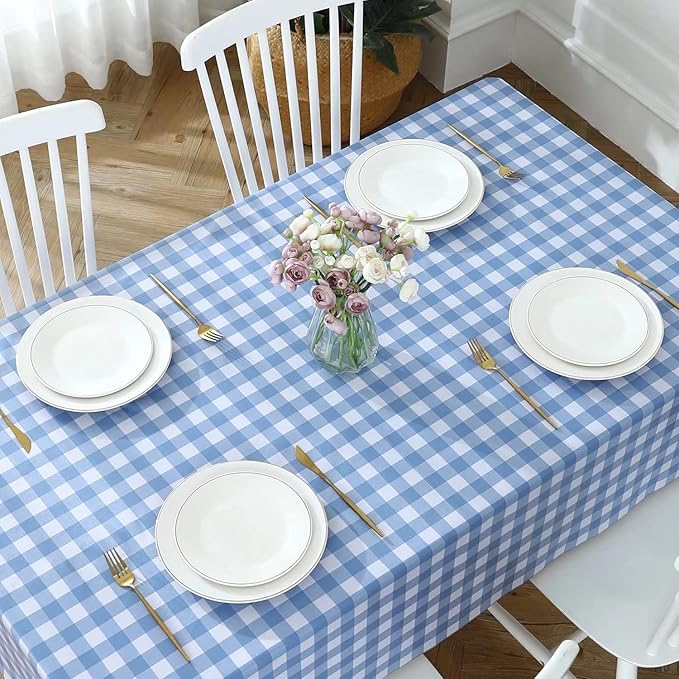Romanstile Rectangle Vinyl PVC Tablecloth, 100% Waterproof Buffalo Plaid Plastic Table Cloth, Oil Proof Heavy Duty Wipeable Table Covers for Dining/Camping/Picnic/Outdoor - 60 x 102, Light Blue