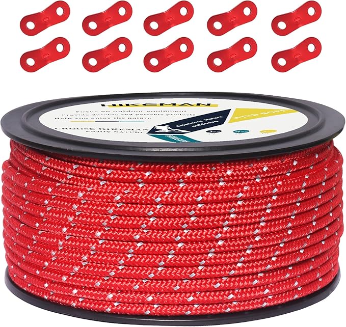 HIKEMAN 50m Reflective Guyline Solid Braid Nylon Camping Rope with Aluminum Adjuster Cord Tensioner Tent Accessory for Outdoor Travel,Hiking,Backpacking and Water Activities (Red, 5mm)