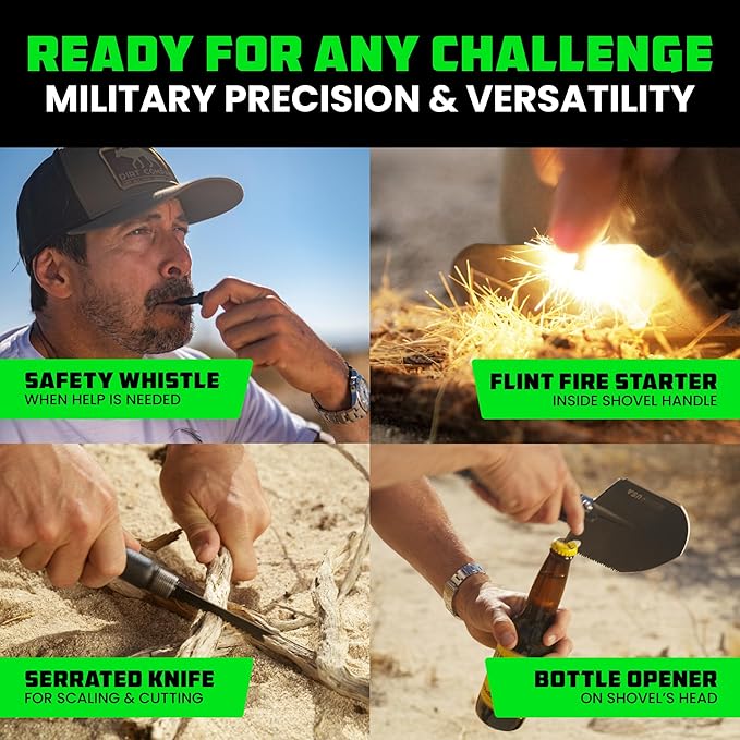 Rhino USA Survival Shovel w/Pick - Heavy Duty Carbon Steel Military Style Entrenching Tool for Off Road, Camping, Gardening, Beach, Digging Dirt, Sand, Mud & Snow. (Survival Shovel)