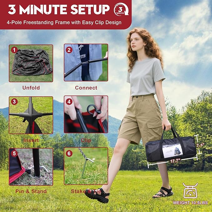 Camping Shower Tent, Portable Outdoor Privacy Shelter for Showering & Changing, 7.2 FT Easy-Setup Toilet Tent with Floor & UPF 50+, Ideal for Hiking, Fishing, Beach