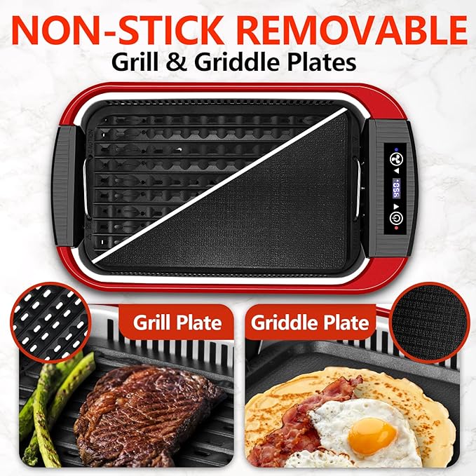 Indoor Grill, CUSIMAX Smokeless Grill Indoor, Electric Grill Griddle, 1500W Korean BBQ Grill with LED Smart Display & Tempered Glass Lid, Non-stick Removable Grill Plate & Griddle Plate, Red