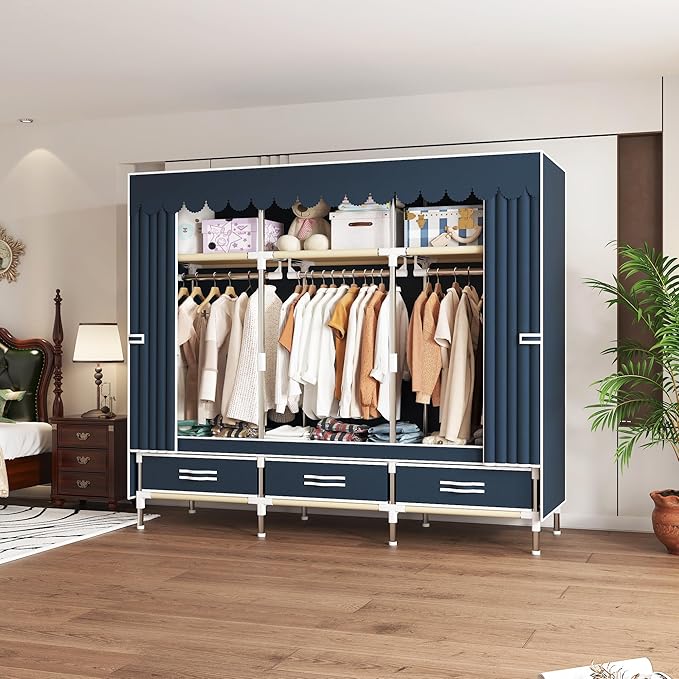 Heavy Duty Wardrobe Portable Closet Organizer Metal Clothing Rack for Hanging Clothes with Drawer Easy to Assemble Stronger Load-Bearing Detachable Design (Style 12)