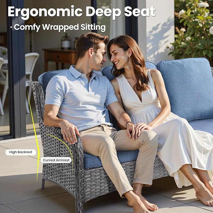 ovios 6 Pieces Patio Furniture Set with 30" Fire Pit Table, Outdoor Wicker Sofa with Ottomans, Comfy Cushions, High Back Couch Conversation Set, Grey Rattan, Denim Blue