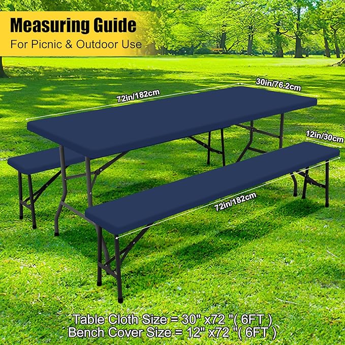 Smiry Picnic Table Cover with Bench Covers, Waterproof Elastic Fitted Polyester Tablecloths for 6 Ft Rectangle Tables, Washable Windproof Tablecloth for Camping, RV & Outdoor (Navy, 30x72 Inches)