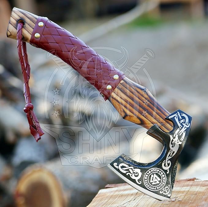 SHINY CRAFTS Viking Axe Mens Axes Hatchet with Leather Sheath - Real Tomahawk for him Valknut Axe Gift for Men Camping Hatchet with Premium Leather Sheath (SCA 07)