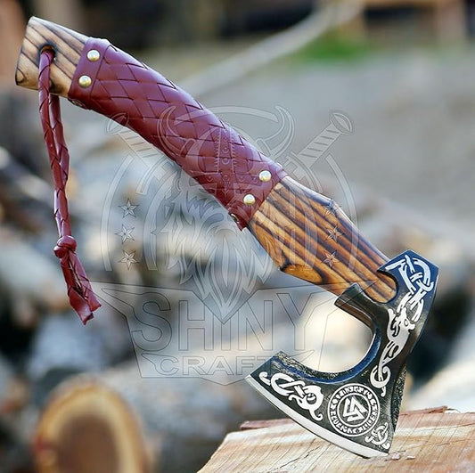 SHINY CRAFTS Viking Axe Mens Axes Hatchet with Leather Sheath - Real Tomahawk for him Valknut Axe Gift for Men Camping Hatchet with Premium Leather Sheath (SCA 07)