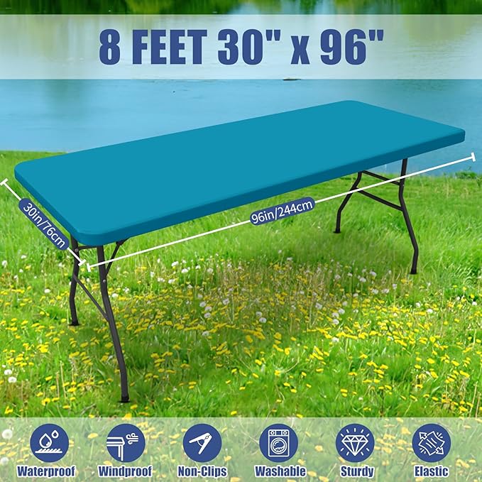 Spandex Picnic Table Cloth 2 Pack, Elastic Fitted Tablecloths for 8 Foot Rectangle Tables, Stretch Washable Patio Table Cover for Outdoor, Camping, Banquet and Parties (Teal, 30"x96")