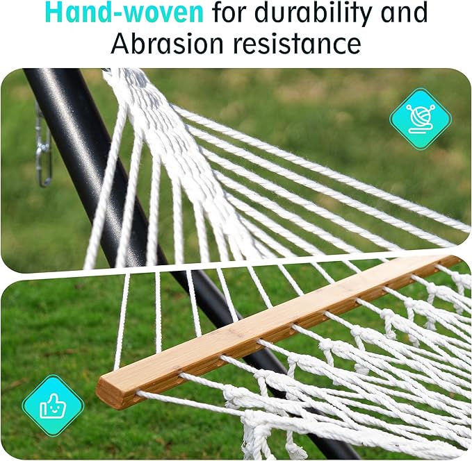 Double Hammock for 2 Person, Handwoven Cotton Rope Hammock with Spreader Bar Without Stand - Indoor & Outdoor Use for Patio, Poolside, Backyard (Off White)