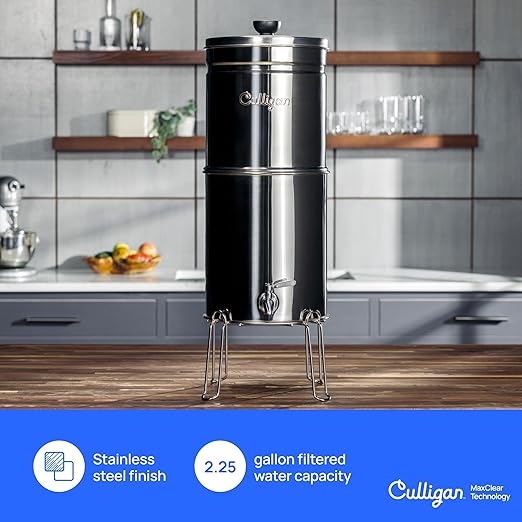 Culligan with MaxClear Technology 2.25 Gallon Gravity Water Filter System, Brushed Countertop Ceramic Water Filter NSF/ANSI Certified to Reduce Lead, Microplastics & Total PFAS, with 2 Filters