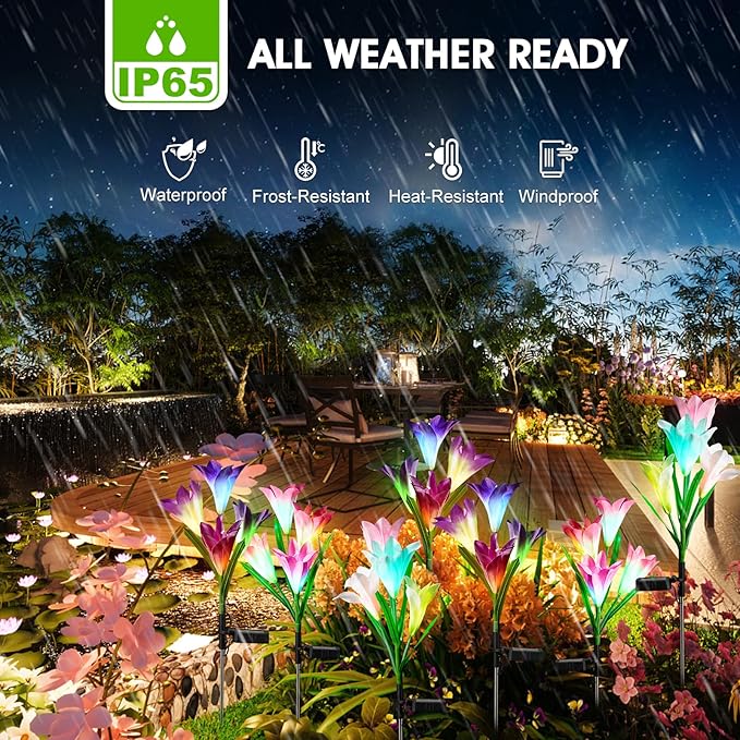 8 Pack Solar Garden Lights Outdoor, 7 Color Changing LED Waterproof Solar Powered Lily Flowers Landscape Lights for Outside Yard, Patio, Pathway Decorative, Décor
