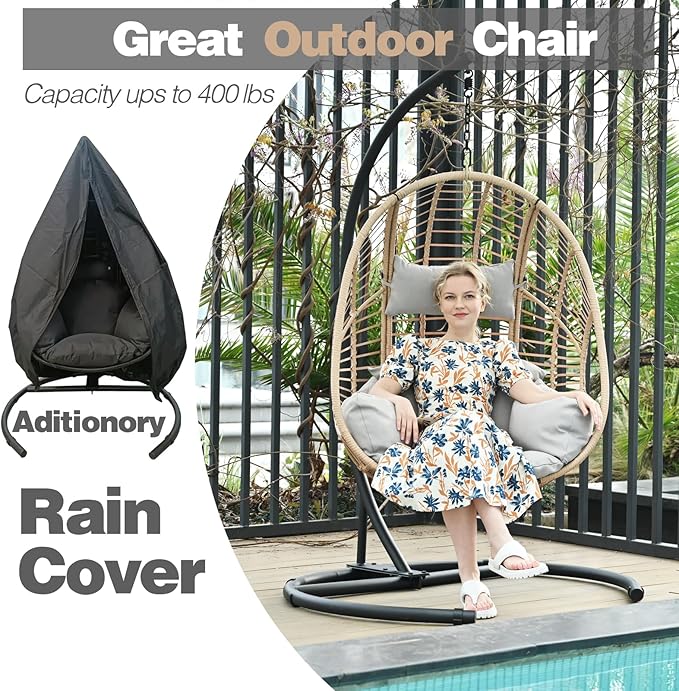 Oversized Hanging Egg Chair Outdoor Wicker Swing Chair with Stand Rain Cover UV Resistant Cushion 400lbs Capacity for Patio, Garden and Balcony
