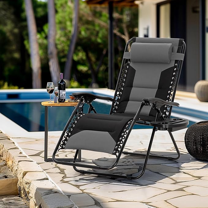 MFSTUDIO Padded Zero Gravity Chair Set of 2, Folding Patio Lounge Recliner with Adjustable Pillows & Cup Holder for Poolside Backyard, Support 400lbs(Grey)