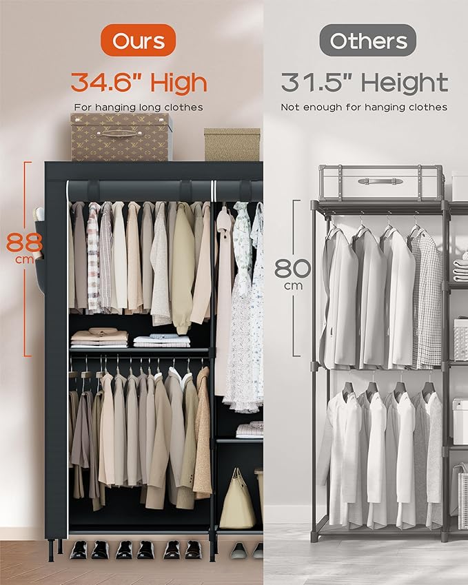 Portable Closet, 81.5 Inch Extra Large Capacity Wardrobe Closet with Cover, Clothes Storage Organizer with Shelves and 5 Hanging Rods, Easy to Assembly, Black PCT136B01